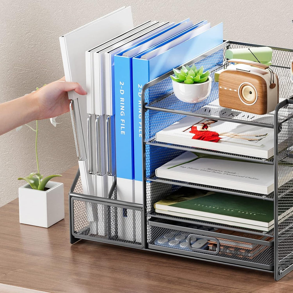 Grey 5-Tier Mesh Desk Organizer with Drawer-4