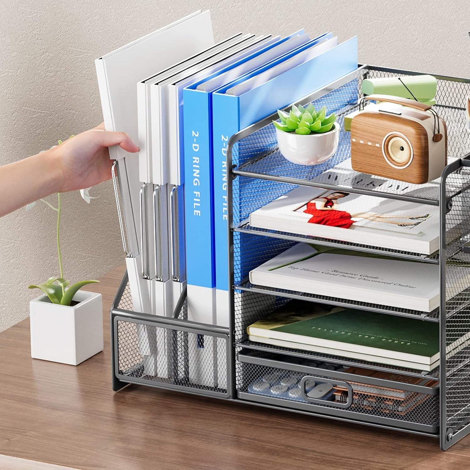 Grey 5-Tier Mesh Desk Organizer with Drawer-4