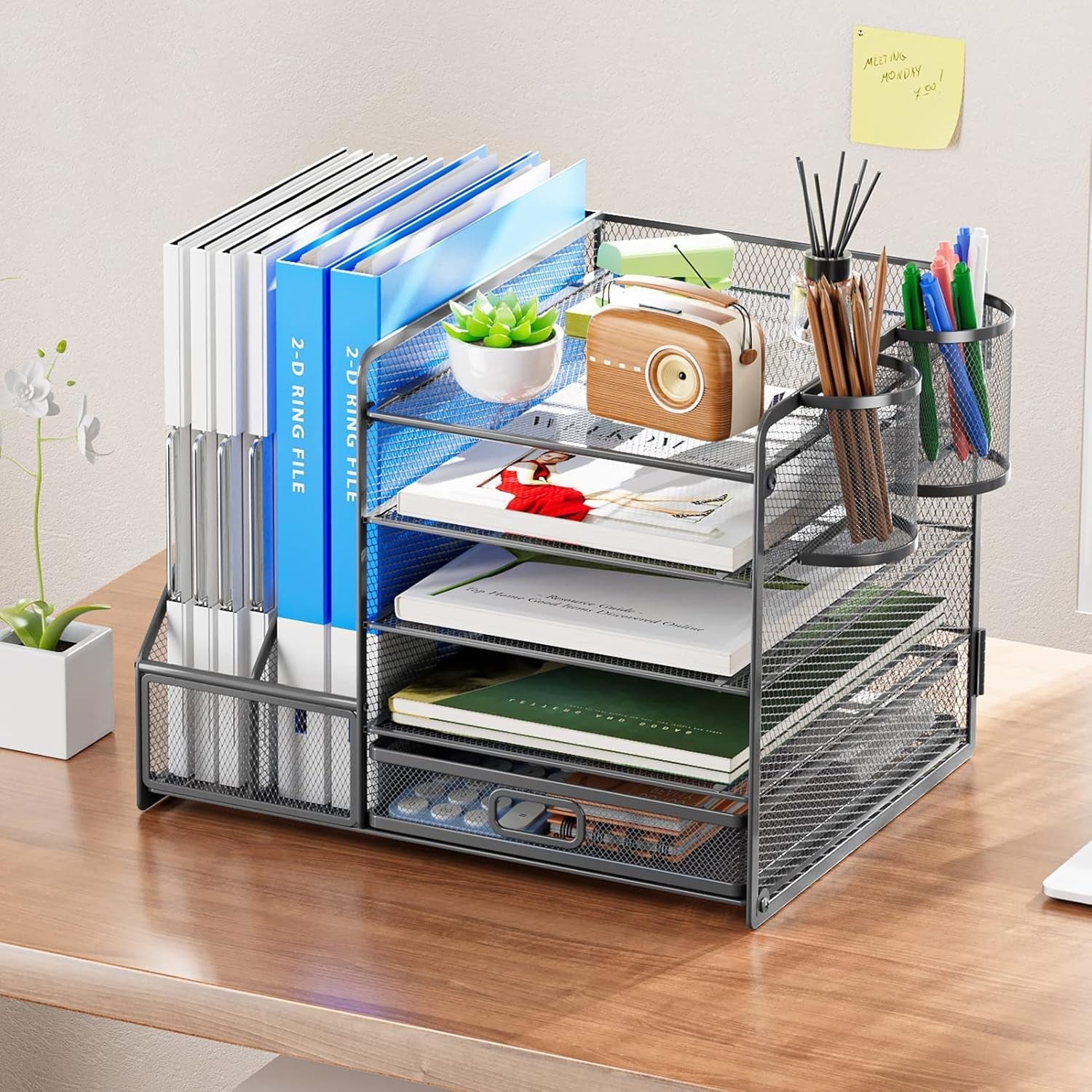 Grey 5-Tier Mesh Desk Organizer with Drawer-0