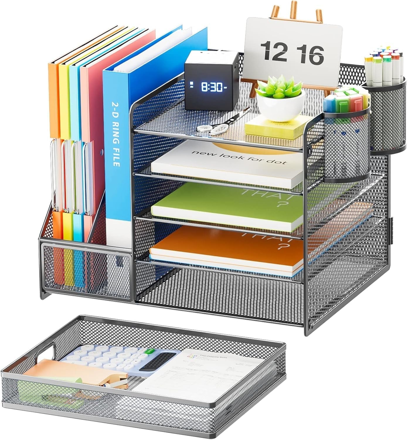 Grey 5-Tier Mesh Desk Organizer with Drawer-2