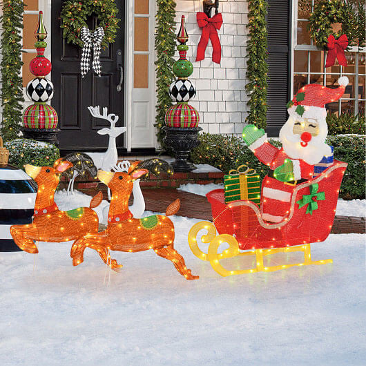 Lighted Christmas Santa on Sleigh with Reindeer and LED Lights-2
