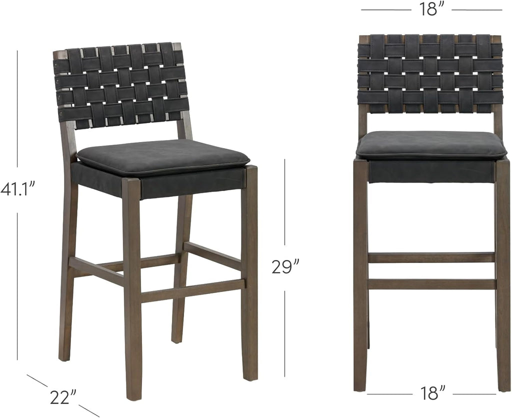 Cohen Mid-Century Modern 29 In. Wood Bar Stool, Upholstered Faux Leather Bar Height Stool with Solid Wood Frame, Black-1