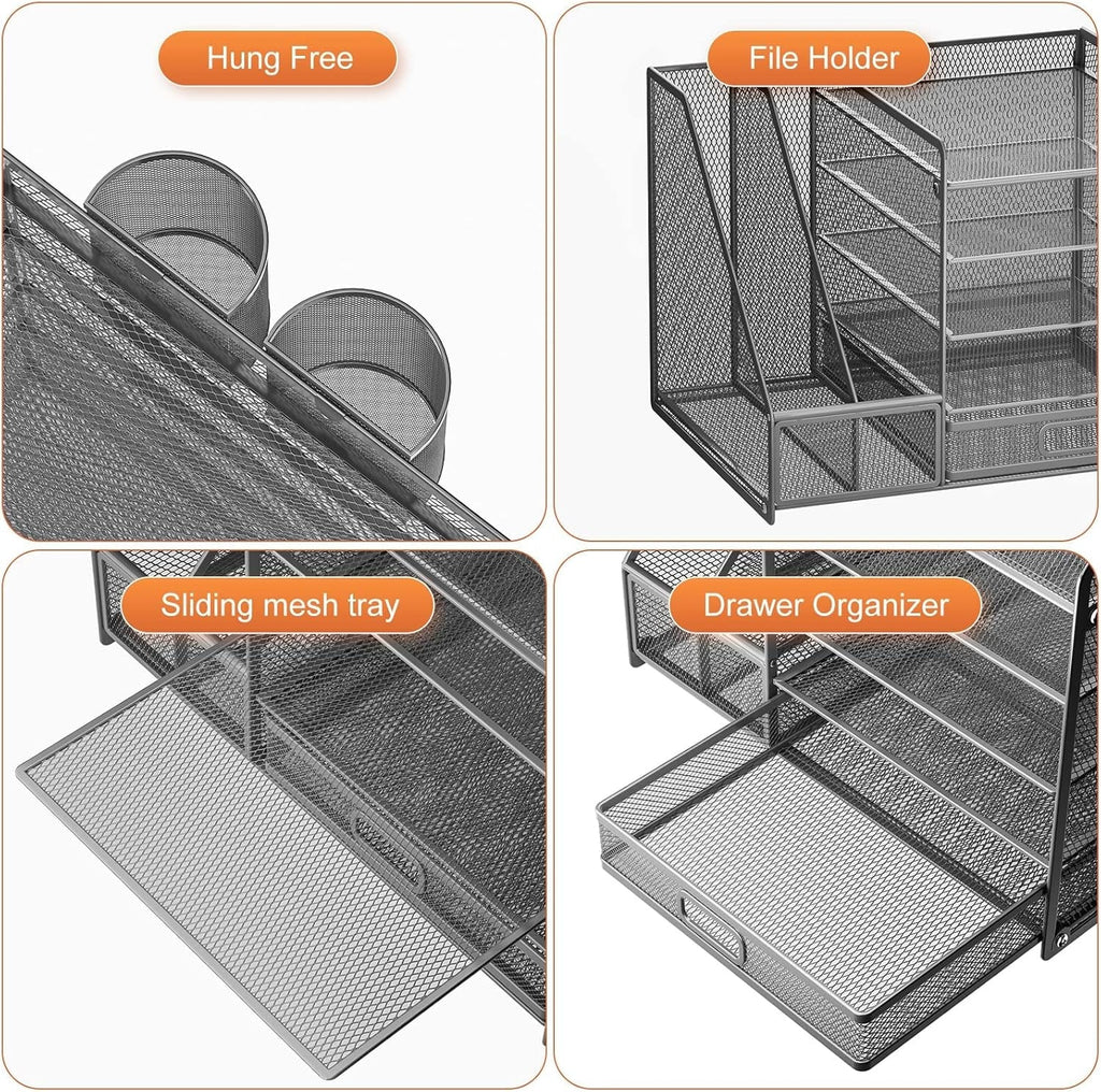 Grey 5-Tier Mesh Desk Organizer with Drawer-3