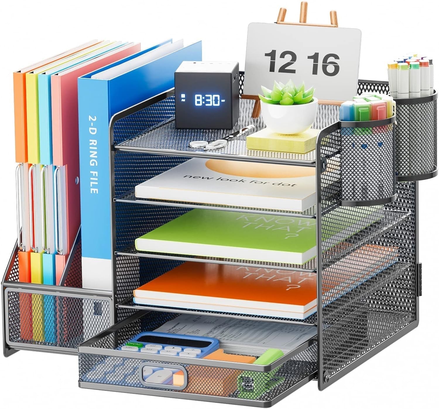 Grey 5-Tier Mesh Desk Organizer with Drawer-1